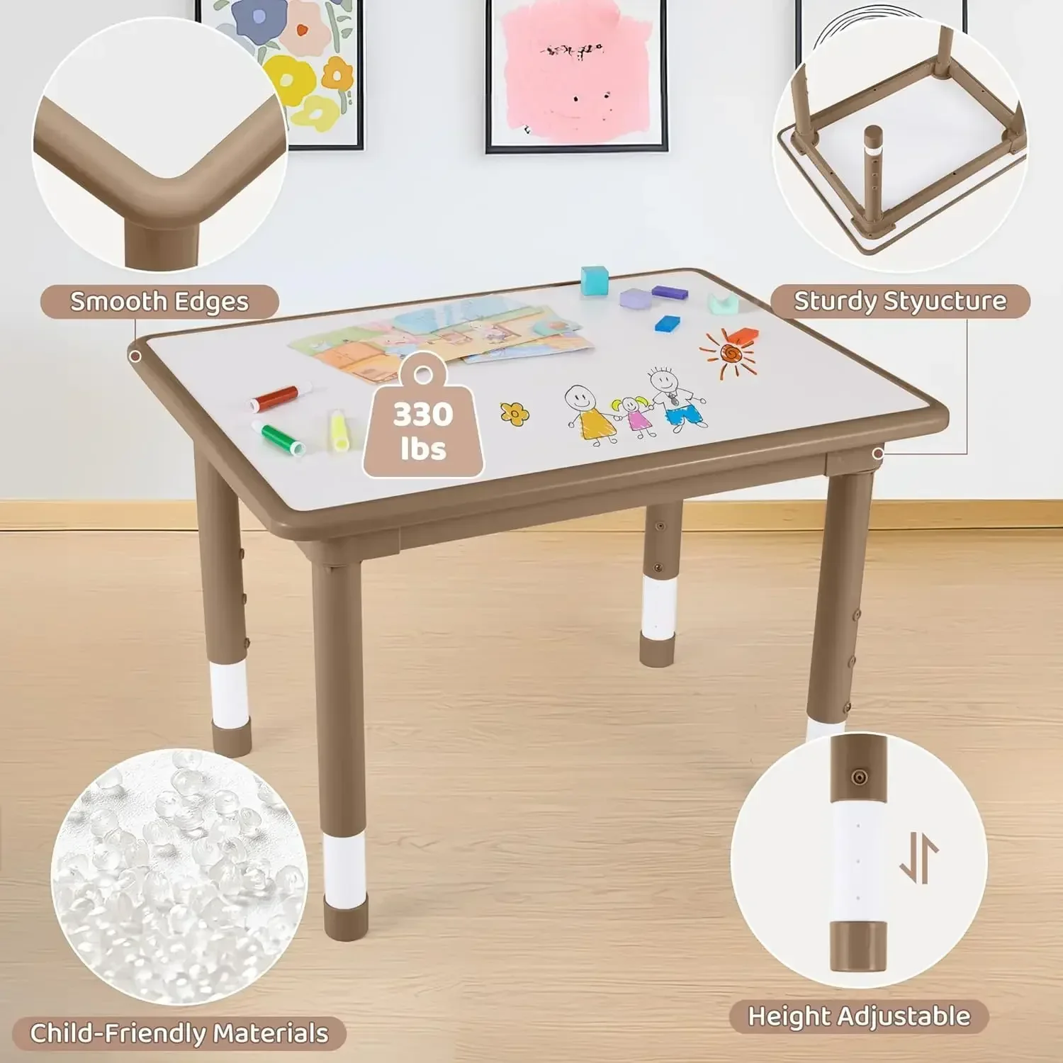 Kids Table And 4 Chairs Set, Height Adjustable (17.7