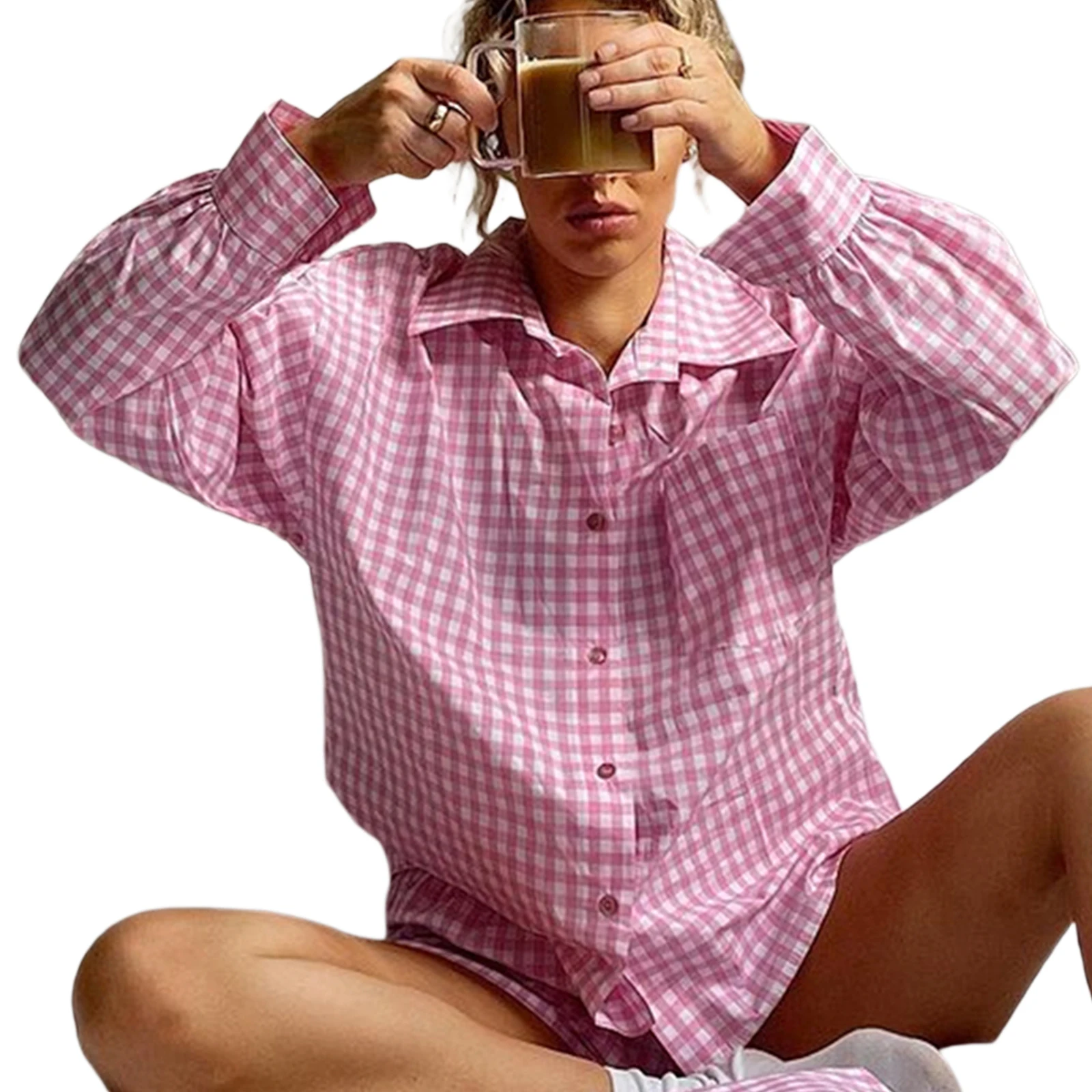 

2026 Summer Women's 2 Pieces Suit Set Female Striped/ Plaid Turn-Down Collar Long Sleeve Shirt Short Pants for Summer Pink