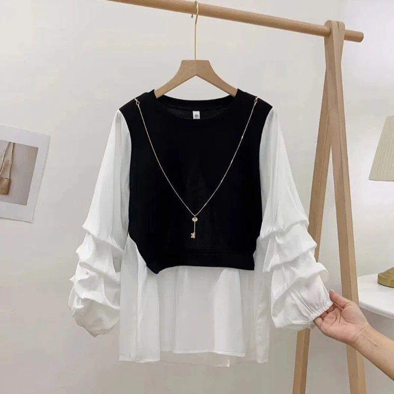 Spring Autumn Pleated Patchwork Fake Two Pieces Shirt Top Long Sleeve Contrast Loose Vintage Blouse Fashion Casual Women Clothes