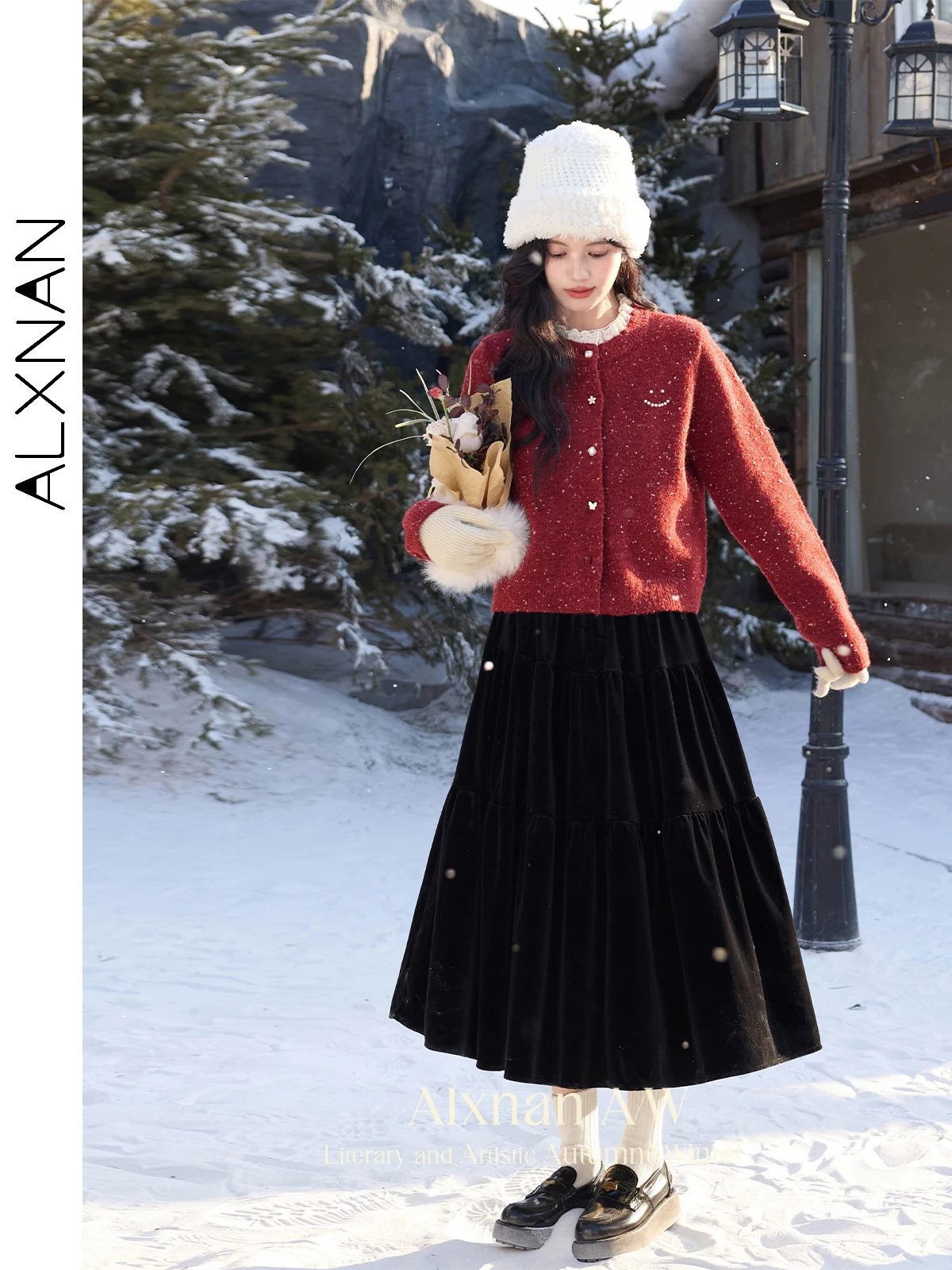 ALXNAN Red Cardigan Women's Spliced Lace Collar Chic Pearl Buttons Sweaters 2025 Autumn Winter Long Sleeve Warm Knitwear L52502