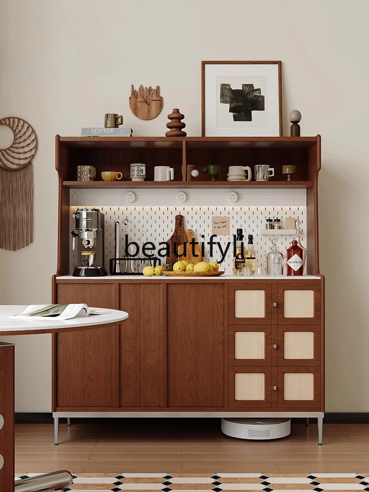 

French retro dining side cabinet, small apartment living room wall double-layer locker solid wood tea coffee cabinet
