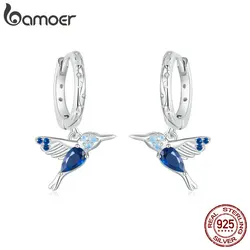 Bamoer 925 Sterling Silver Hummingbird Hoop Earrings Delicate Blue Opal Bird Ear Buckles for Women Party Jewelry Birthday Gift