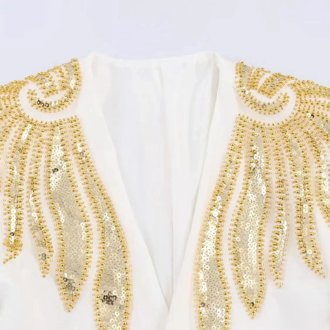 White Women's Suit Top New Commuter Fashion Temperament Lace Up Three-Dimensional Gold Sequin Decoration V-Neck Suit Jacket