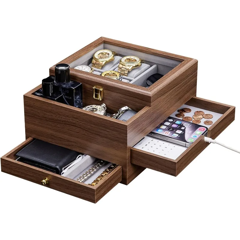 صندوق ساعة منظم مجوهرات للرجال مع علبة ساعة زجاجية حقيقية للخاتم والسوار والساعة والقلادة والأقراط والإكسسوارات