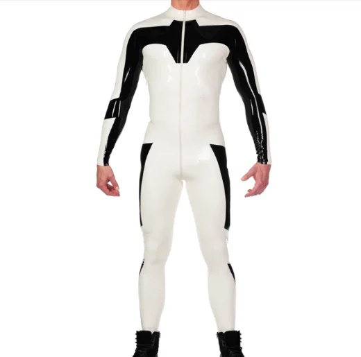 

Skin-friendly Latex Rubber Gummmi White and black stitched Jumpsuit racing suit role play party hand customized 0.4mm XS-XXL