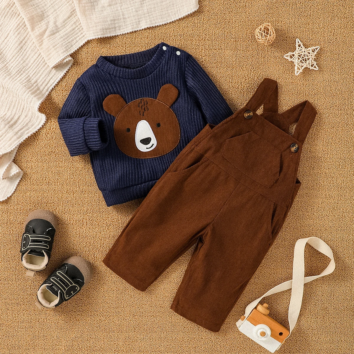 2PCS 6M-3Y Baby Boy Autumn/Winter Clothes Set Long Sleeve Sweatshirt with Bear Print &Overall Pants Toddler Cute Outfits