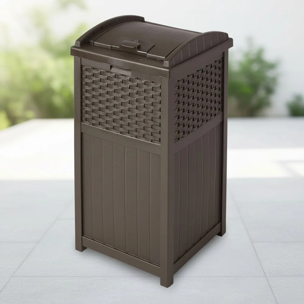 

33 Gallon Outdoor Trash Can Hideaway with Lid - Wicker Style Waterproof Resin for Garden Backyard Garage