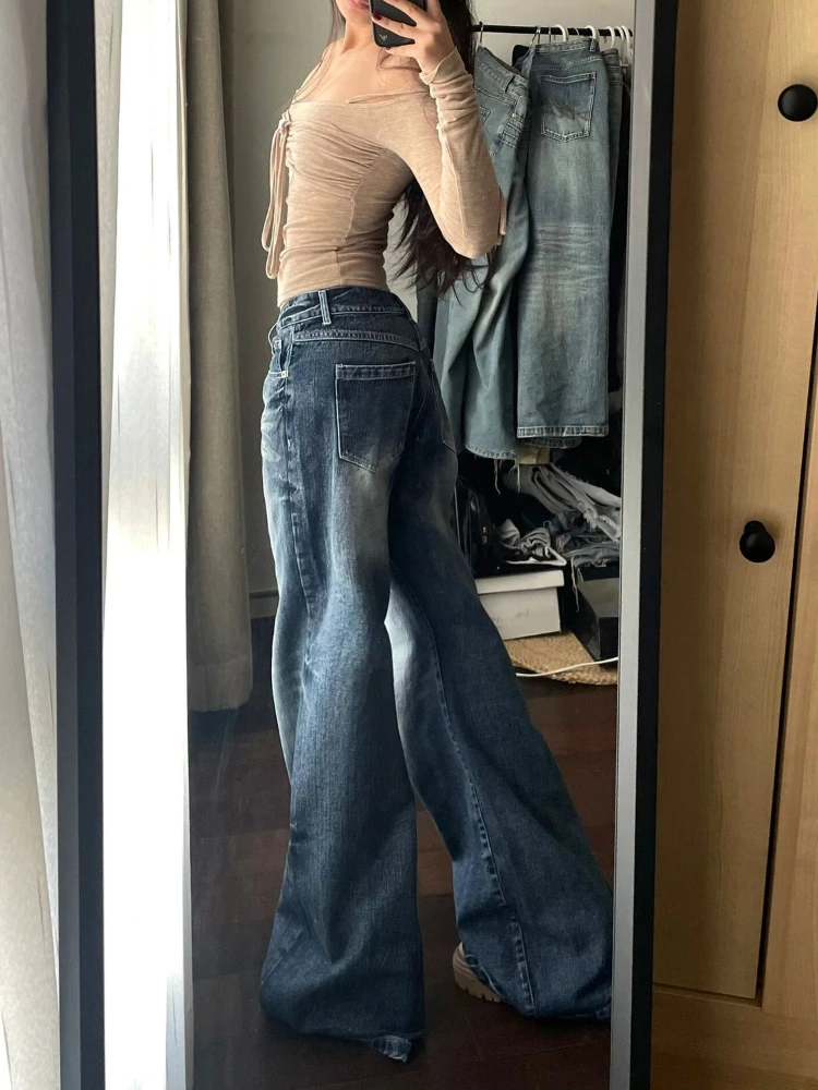 Houzhou y2k vintage baggy perna larga jeans para mulheres lavado casual cintura alta solta calças jeans streetwear coreano queimado