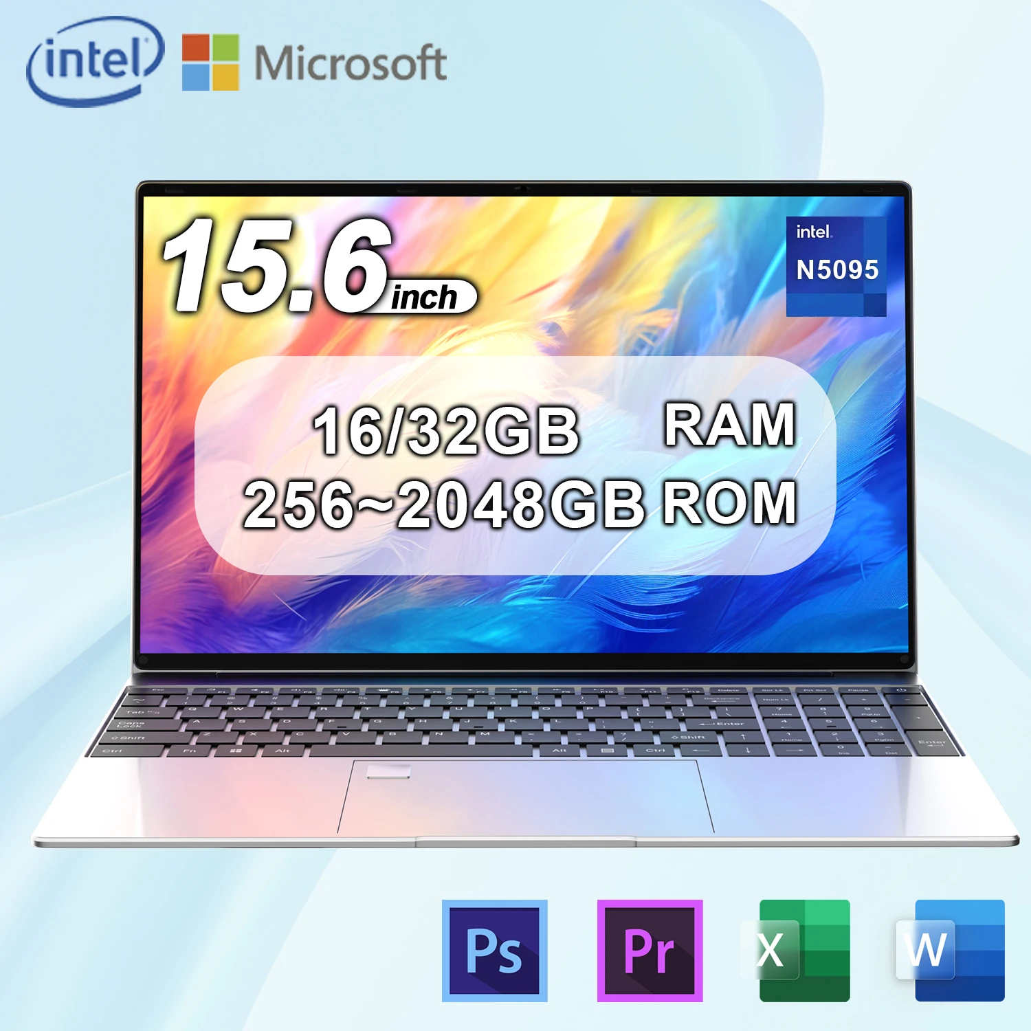 كمبيوتر محمول جديد مقاس 15.6 بوصة يعمل بنظام التشغيل Windows 11 Pro N5095 1920x1080 32GB + 2048 GB لوحة مفاتيح بإضاءة خلفية محمولة للترفيه المكتبي