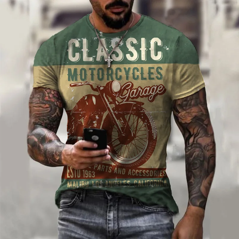 2023 Summer Vintage Men\'s T Shirt 3d Retro Motorcycle Oversized Tshirts For Men Clothing Biker Racing T-shirts Motor Tees Tops