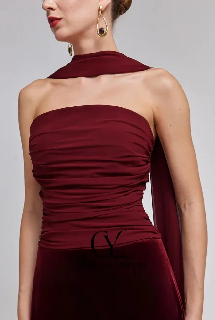 Cuyun vestidos de baile longos de veludo sem alças com cachecol, vestidos de festa femininos personalizados, linha a, vestido de festa de casamento para dama de honra