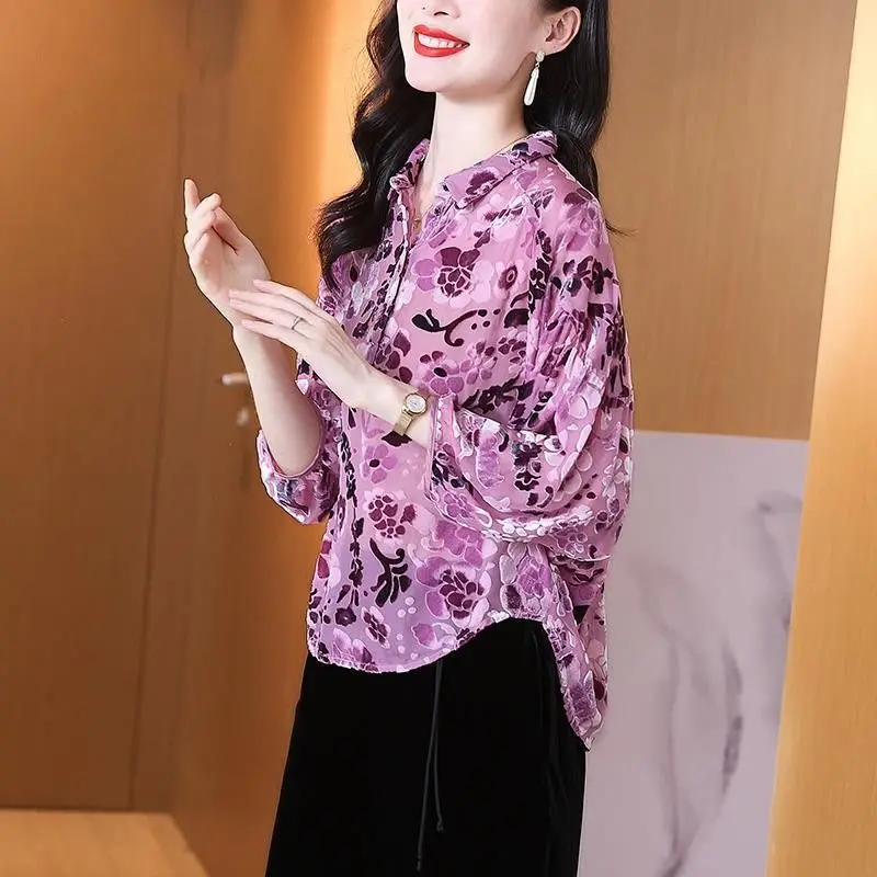 Elegant Lapel Button Printed Folds Floral Blouses Women's Clothing 2023 Autumn Winter Loose Casual Tops Office Lady Shirts