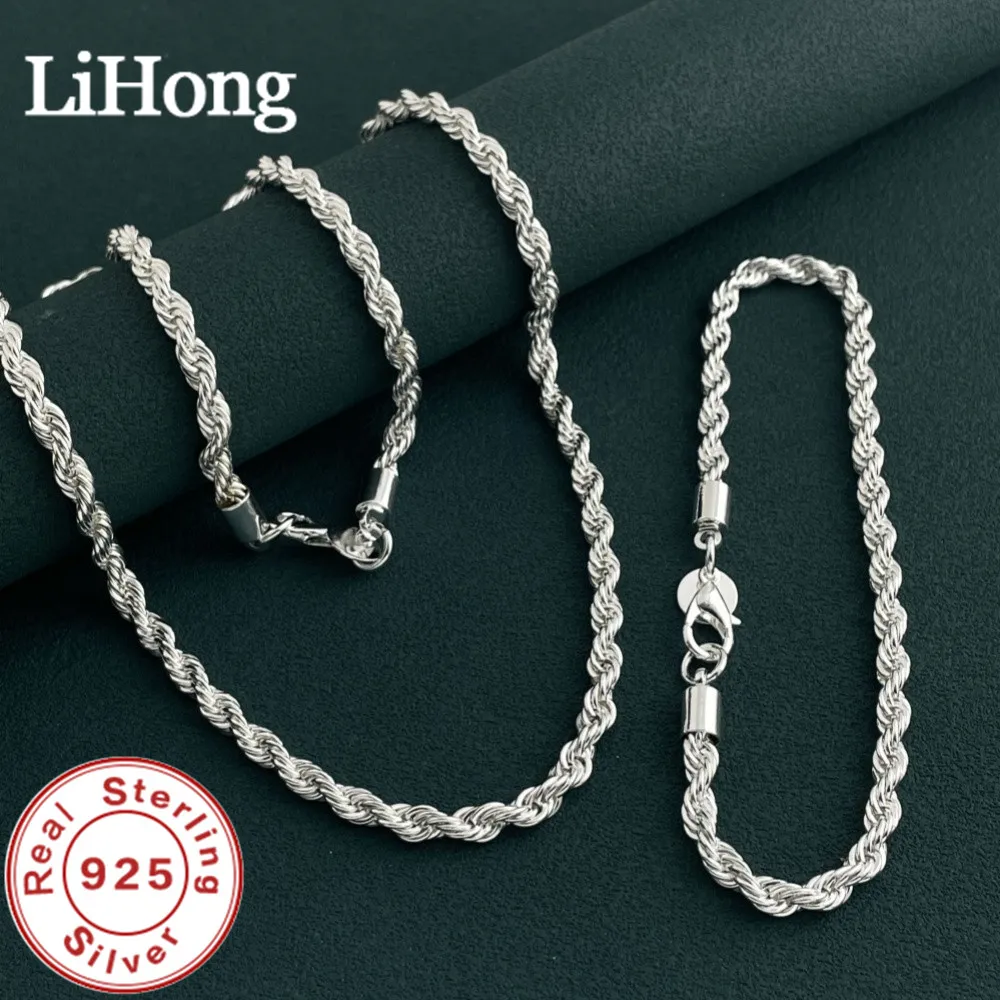 

925 Sterling Silver Necklace And Bracelet Set, 4mm Twisted Rope Chain Suitable For Men And Women Party Jewelry