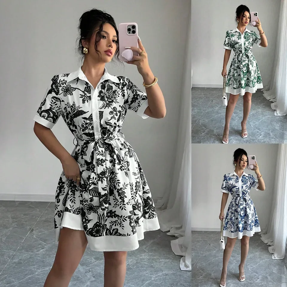 Eenvoudige Mode Bloemenprint Elegante Zomer Nieuwe Vrouwen Overhemd Straat Casual Dame Kantoor Werk Casual Jurken Blauw Vestidos