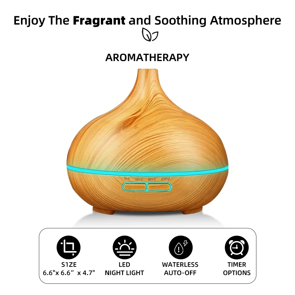 550ml Essential Oil Diffuser, Remote Control, Ultrasonic Humidifier, 7 Color LED Light with 6 Oil