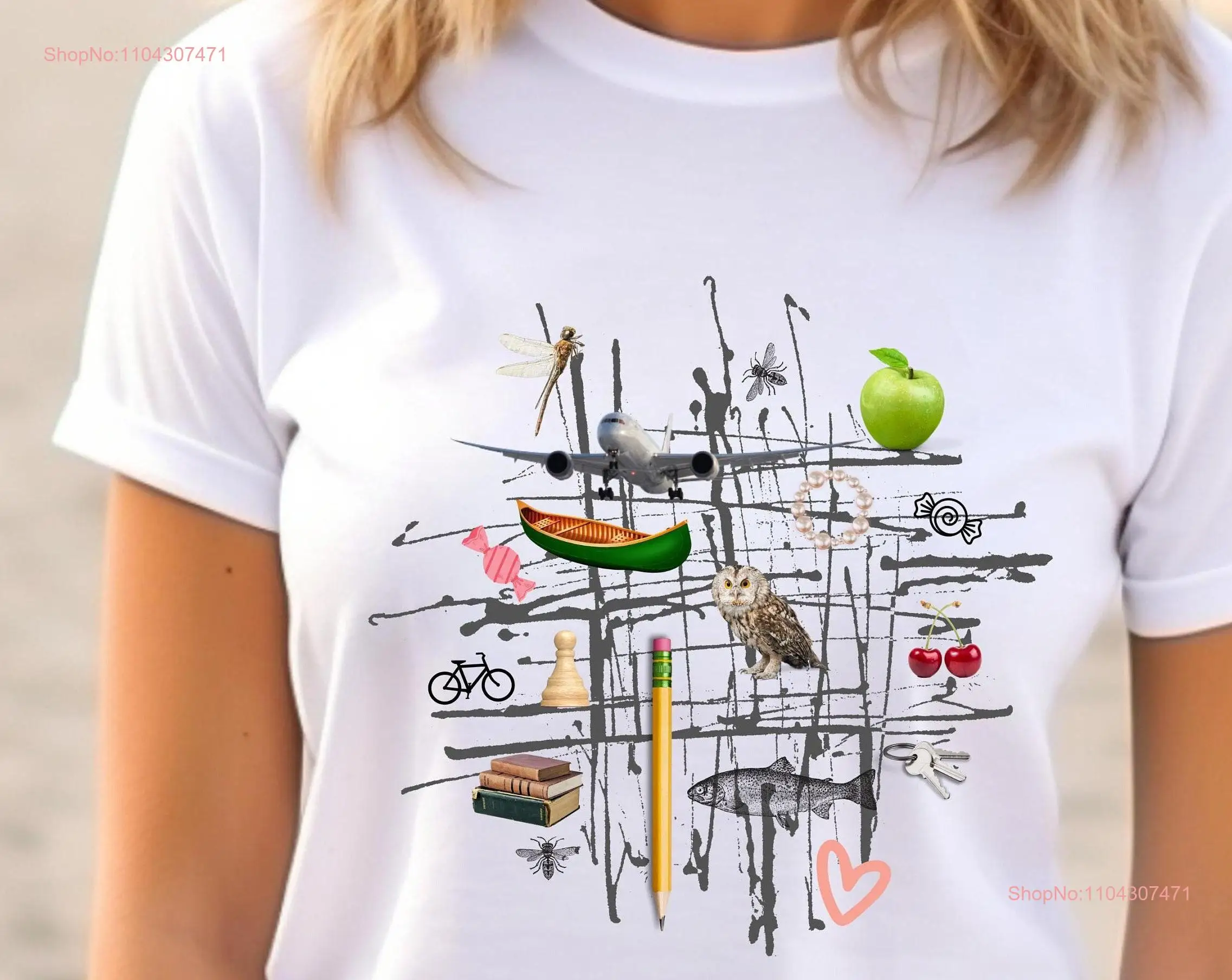 Maximalist T Shirt Collage Canoe and Pencil Make People Smile Icebreaker Friends Fun for Him Her long or short sleeves