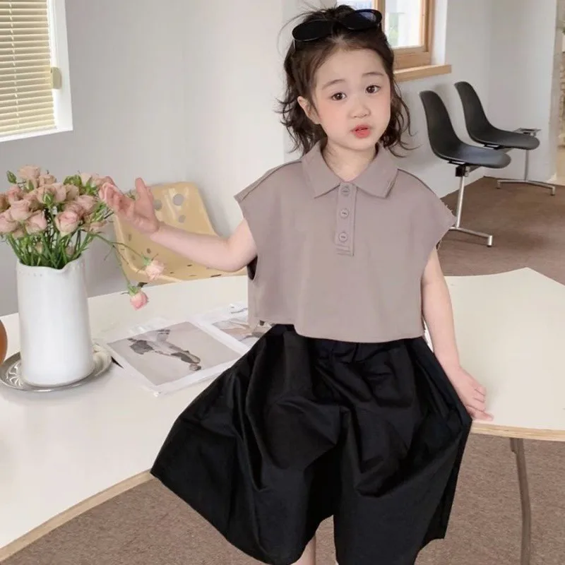 Girls Suits Summer Korean Version Solid Color Two-piece Sleeveless Sports Short Everything Thin Wide Leg New Suit Simple Casual