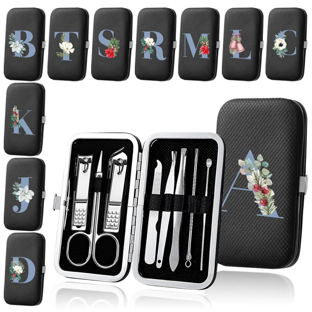 

8Pcs Portable Nail Clippers Set Stainless Steel Pedicure Tools Manicure Kit PU Zipper Case Pocket Organizer Blue Letter Pattern