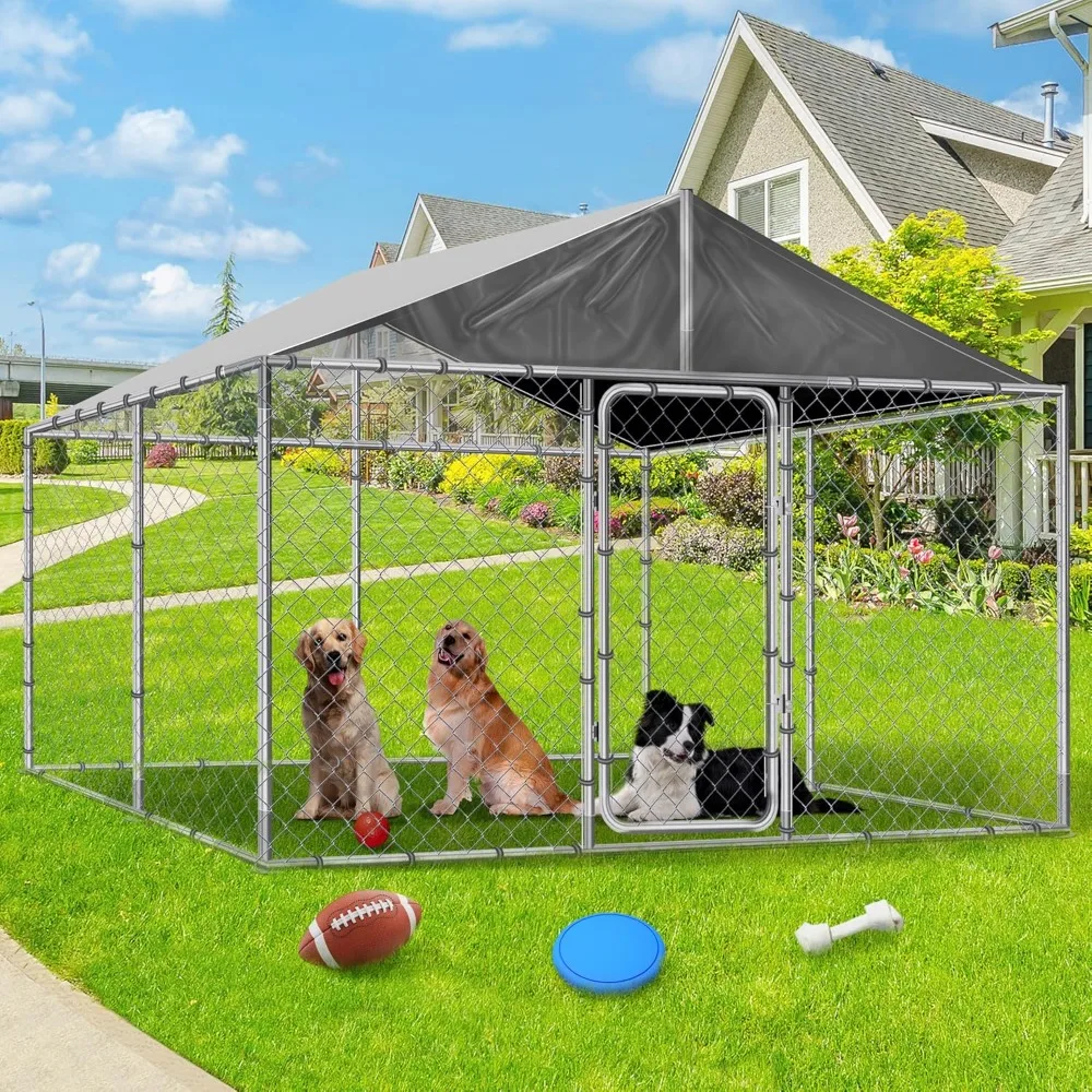 

10x10FT Outdoor Dog Kennel with Roof, Heavy Duty Dog Run House Pen Enclosure Kennel Outside with Galvanized Chain Link, Large