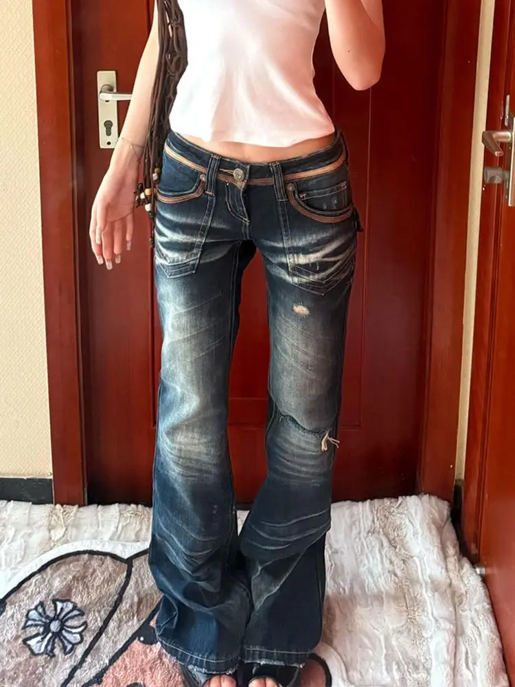 Deeptown Y2k Vintage mujer desgastado Jeans Harajuku rasgado cintura baja estilo americano lavado pantalones vaqueros rectos Slim Gyaru
