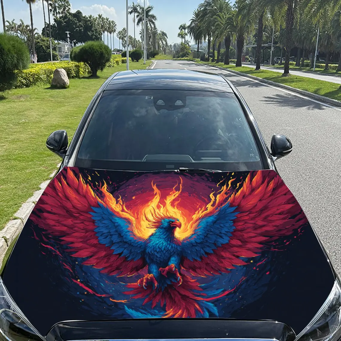Colorful - Flaming Phoenix Spreading Wings Car Vinyl Wrap, PVC Material Waterproof Car Hood Sticker, Self-Adhesive Scratch-Resis