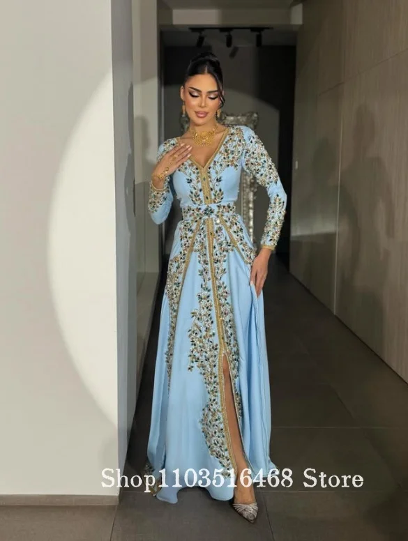 Suknia wieczorowa w kolorze błękitnego nieba, w stylu Bliskiego Wschodu, z koralikami, dekolt w serek, na formalną okazję, bal, zaręczyny, arabska impreza taneczna.