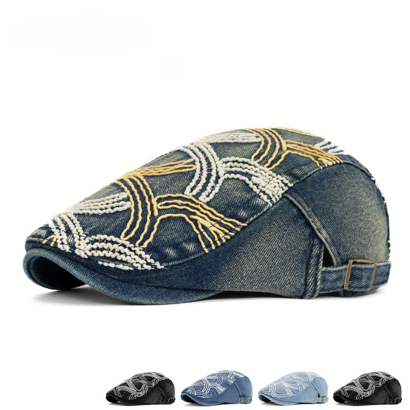 Women's Stitched Denim Beret Hat Adjustable Flat Top Painter Cap Casual Outdoor Travel Sun Protection Hat