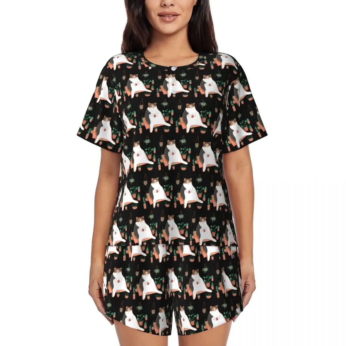 

Calico Cat With Pot Plants Cat For Mom Round Neck Short Sleeve Nightgowns for Sleeping Women Loose Pajama Set Short Pants