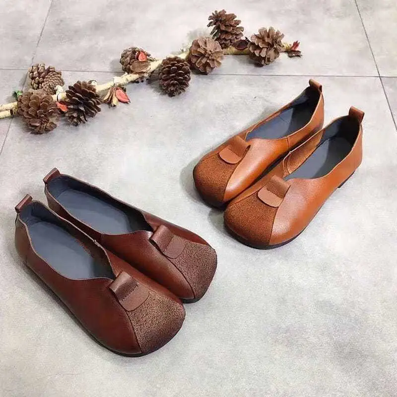 Wide Round Toe Granny Shoes Autumn Patched Mary Janes Shoes Ladies Retro Flats Mom Brown Retro Leather Loafers