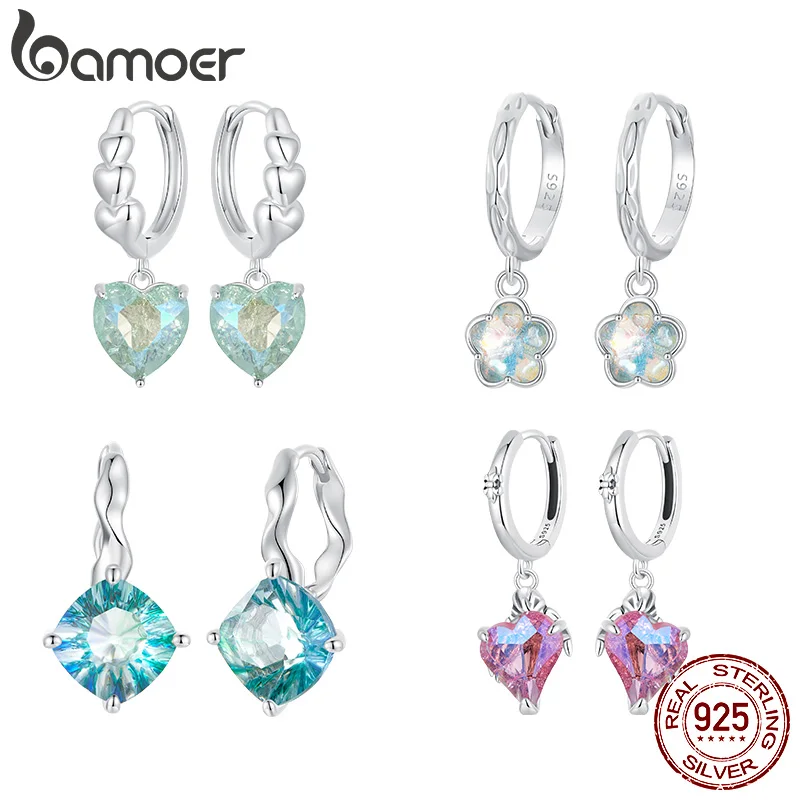 Bamoer 100% Real 925 Sterling Silver Blue-green Zircon Heart Drop Earrings Hoop Earrings for Women Luxury Wedding Jewelry Gifts