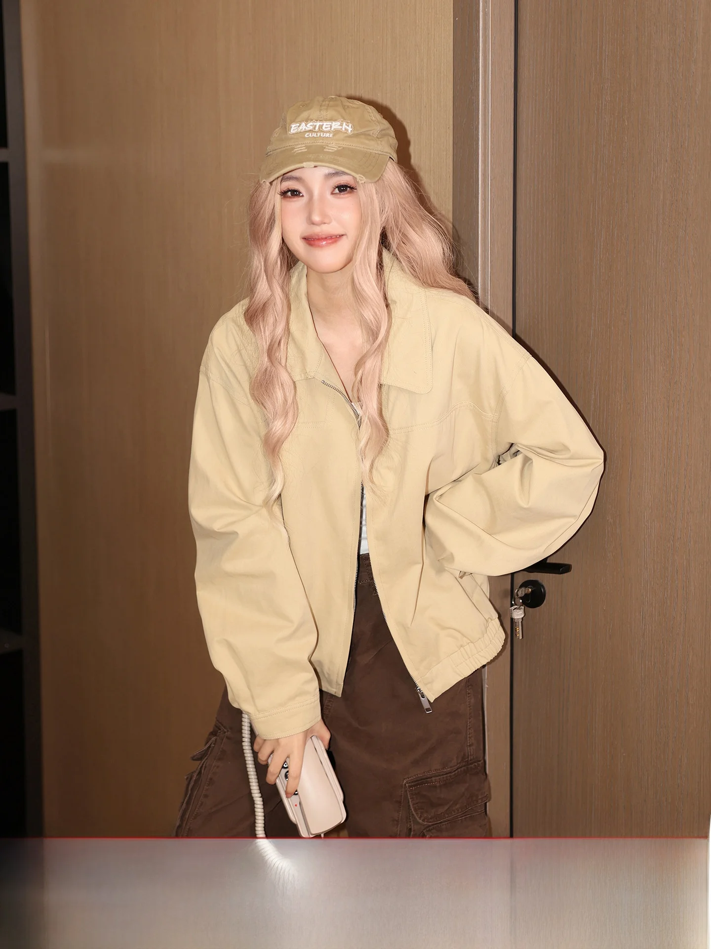 

American Sle Loose Women's Casual Top Coat Spring Autumn Small Size Faion Versatile Cotton Pure Color Zipper Closure