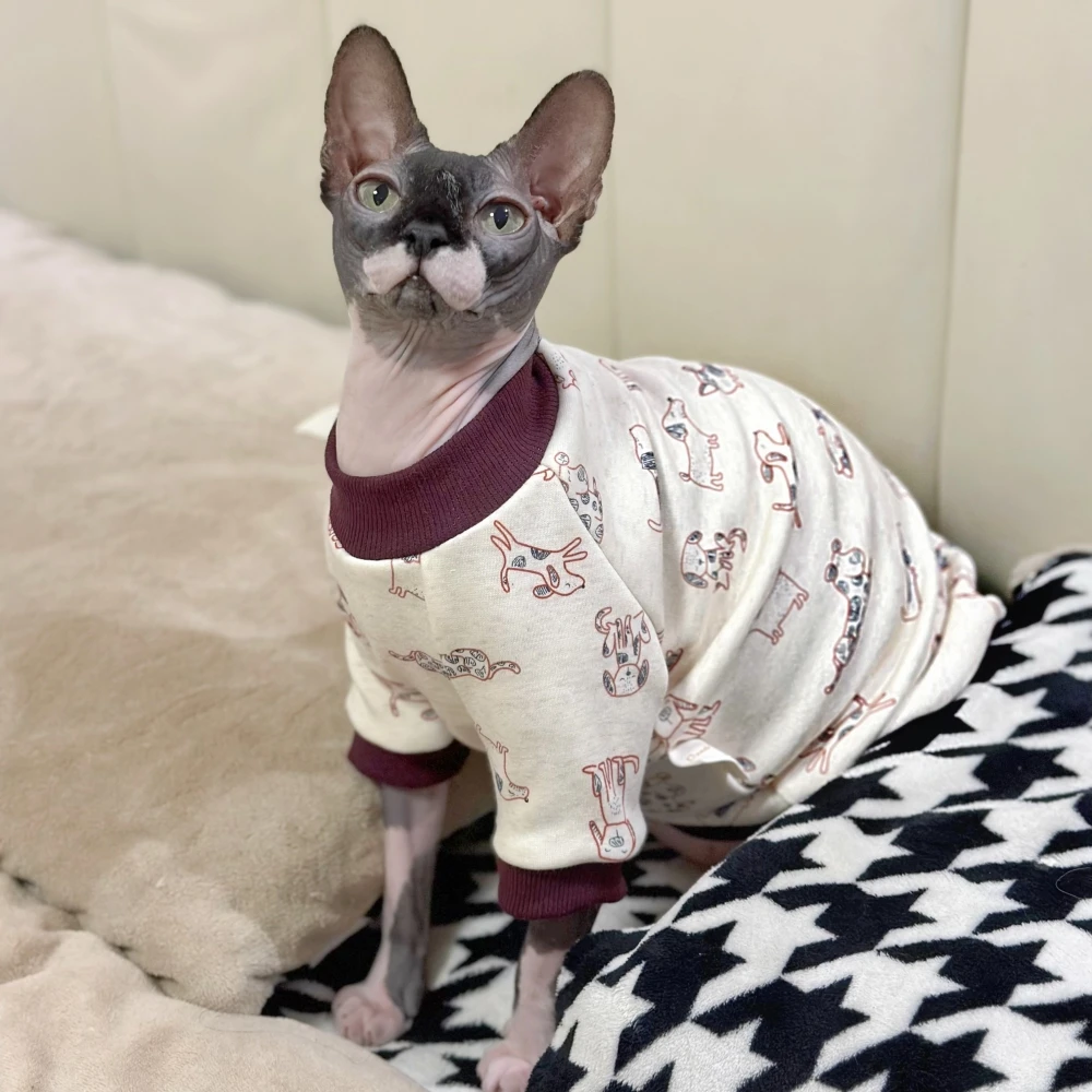 Fleece Coat for Sphynx Cat Clothes Winter Spring Long Sleeves soft Sweatshirt elestic  For Devon Rex Cartoon T-shirt For Kittens