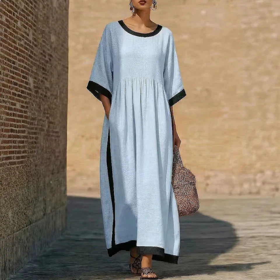 Women Boho Color Block Maxi Dress Casual Long Loose Dresses Spring Summer Bohemian Round Neck