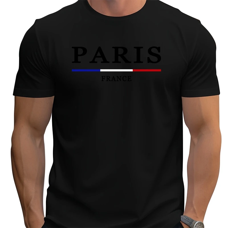 

Men's 100% cotton casual summer plus size T-shirt, printed with a Paris, France pattern, comfortable crew neck sports T-shirt.