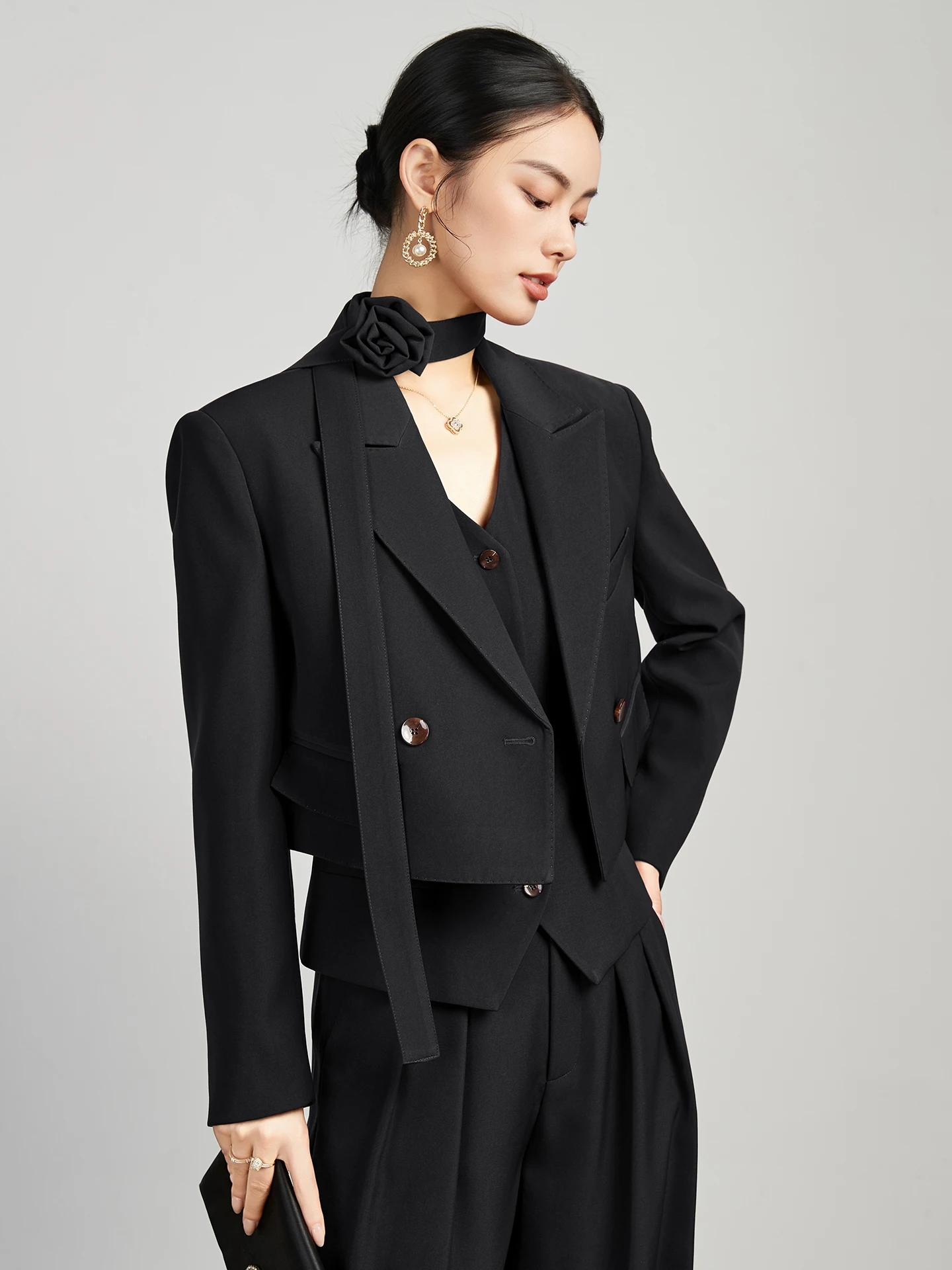 

Fashionable Slim Fit Short Black Vest Set High Waist Wide Leg Pants Three Piece Suit Commute Style Polyester Fiber Breathable