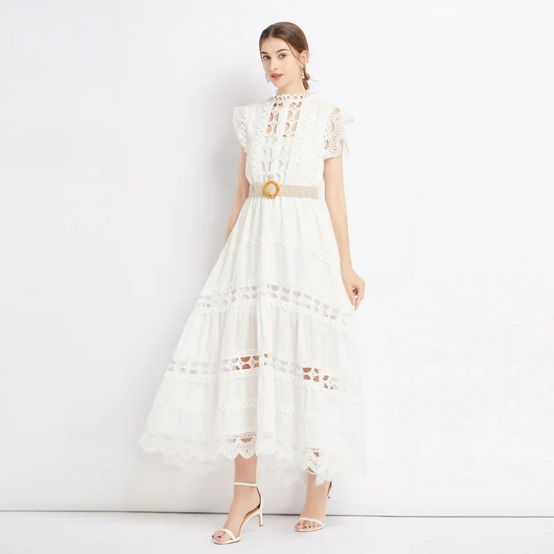 

New women's clothing lace collar fly sleeve cut-out long swing dress