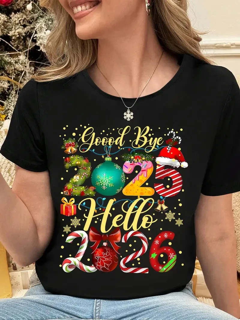 Good Bye 2025 مرحبا 2026 حفلة ليلة رأس السنة المرأة تي شيرت شجرة عيد الميلاد جرس الحلوى طباعة قصيرة الأكمام الجولة الرقبة بلايز عادية