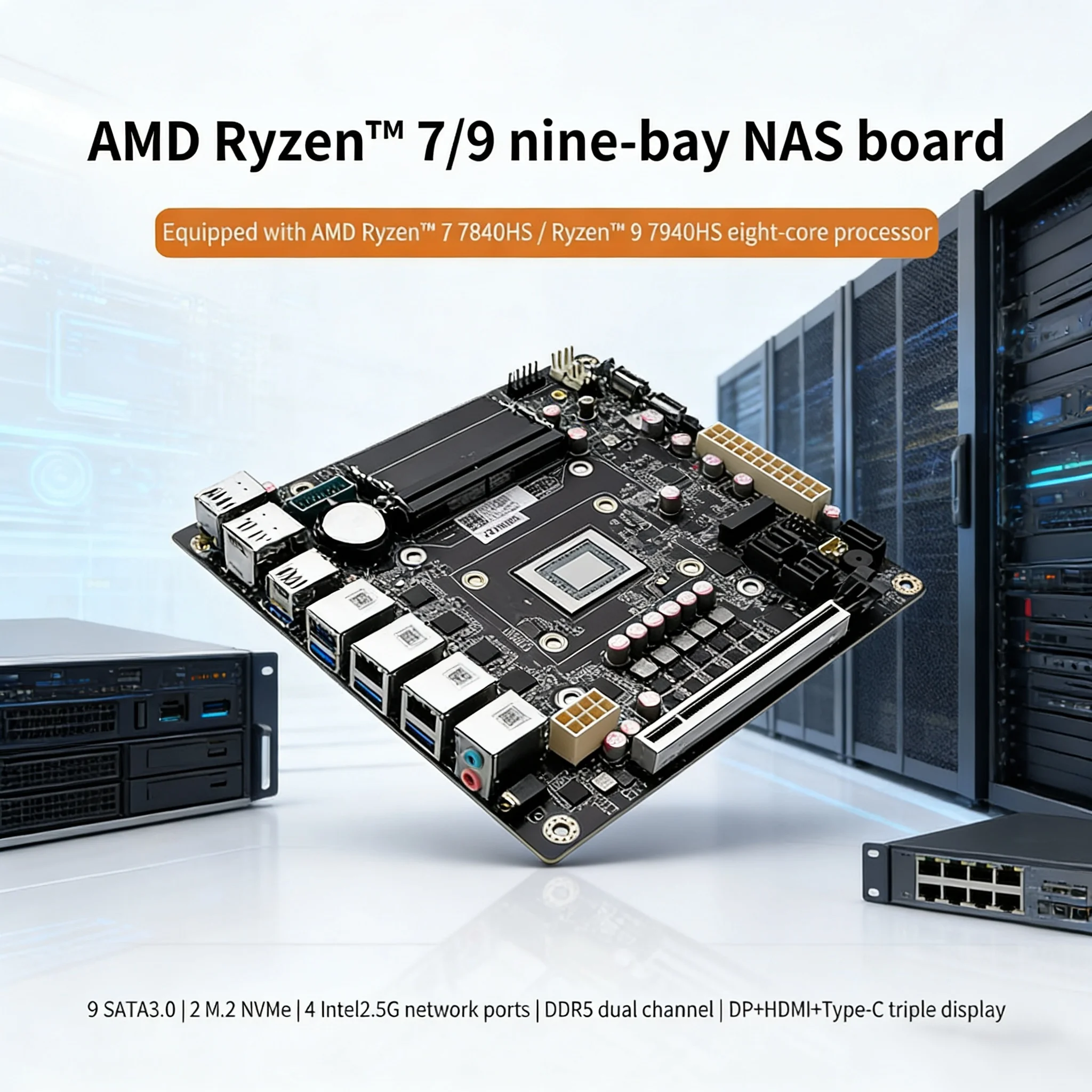 

9-Bay NAS Motherboard AMD Ryzen 7 8845HS 4xi226-V 2.5G LAN 9xSATA3.0 2xM.2 NVMe 2xDDR5 PCIE X16 USB4 Mini ITX Firewall Mainboard