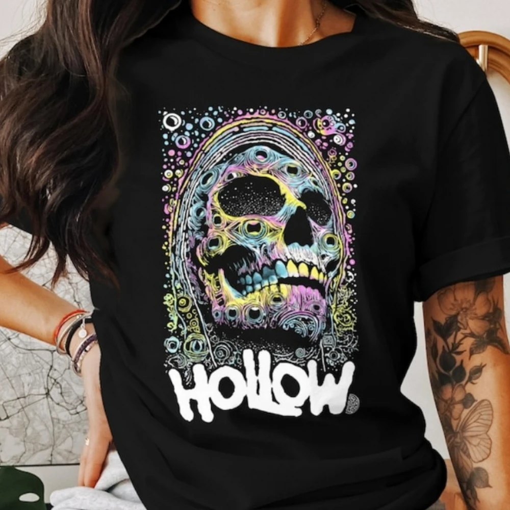 

Hollow Psychedelic Skull Shirt Trippy Gothic Grunge Tee Colorful Skeleton Art Tops Halloween Alt Streetwear Soft Cotton Tops