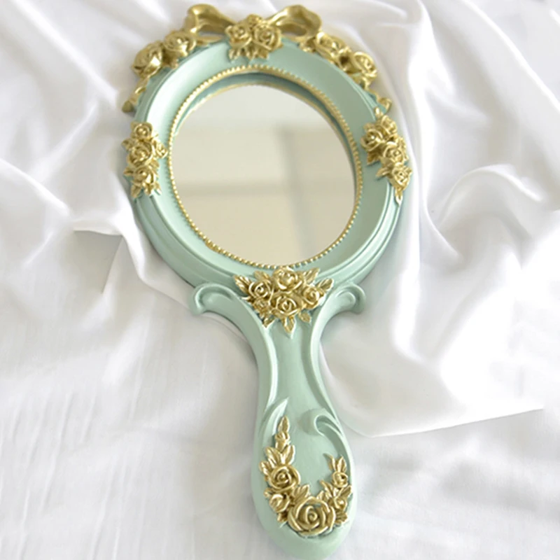 Tay Gương Có Tay Cầm Retro Gương Trang Điểm Vàng Nơ-Nút Thắt Hoa Văn Dập Nổi Cho Trang Trí Đám Cưới, Trắng xanh Dương, Hồng