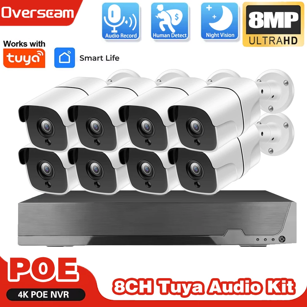 

TUYA 8CH 4K Система камер безопасности NVR 8MP Обнаружение движения IP-камера ночного видения POE 2K Аудио Водонепроницаемый комплект видеонаблюдения