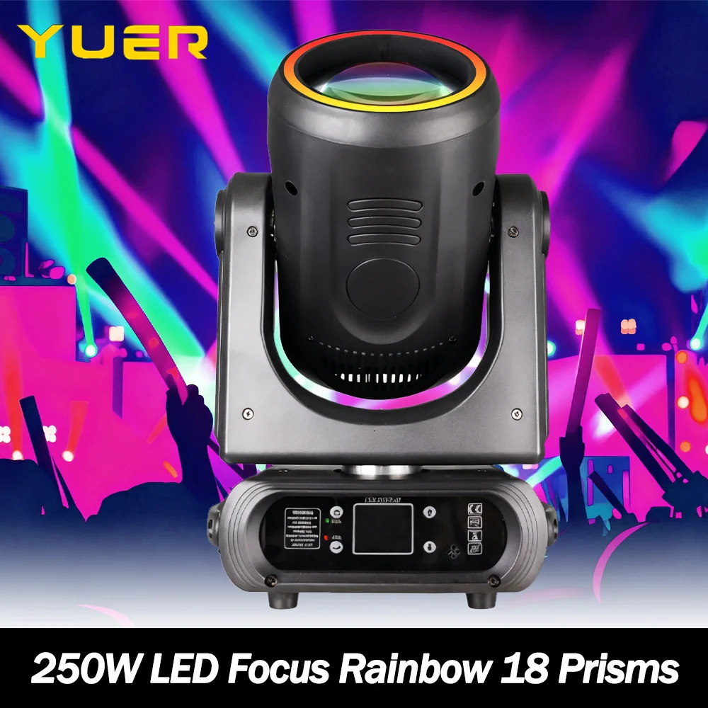 

250 Вт светодиодный луч с подвижной головкой и кольцевым фокусным расстоянием, эффект радуги, 18 вращающихся призм, 14 гобопов для DJ Disco Party, клубного бара
