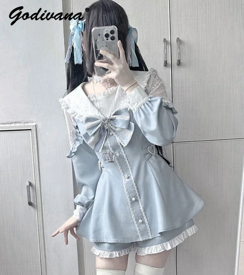 Original Mine Mass-Produced Top and Shorts Suit Female Girls Water Color Black and White Sailor Collar Slim Shirt Dress Outfits