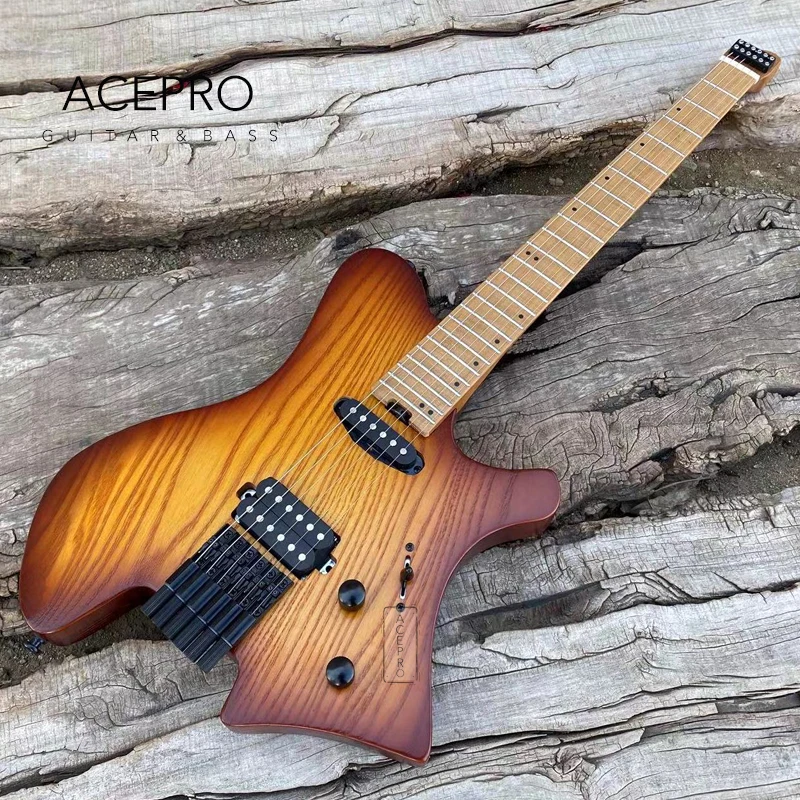 Acepro Headless Electric Guitar, Single+Humbucker Pickups, Sunburst Color Ash Body, Roasted Maple Neck, Stainless Steel Frets