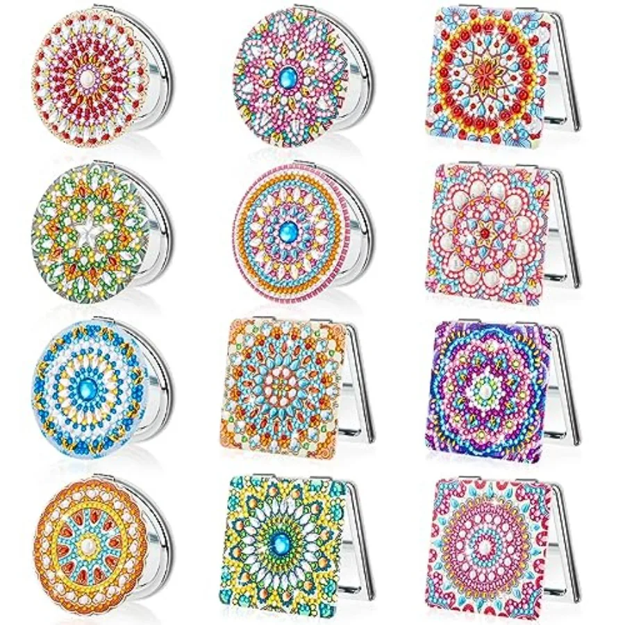 

12 Pcs Mandala Makeup Diamond Painting DIY Compact Crystal Magnifying Folding Purse Mirror Kit for Adults and Beginners