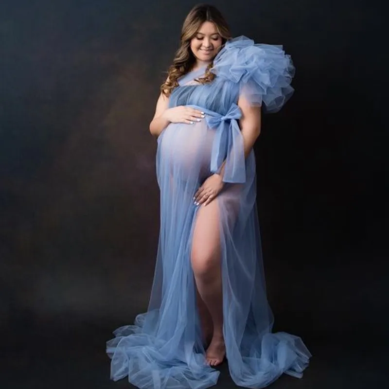 

2024 Tulle Maternity Photo Shoot Dresses One Shoulder Pregnancy Women Photography Props Session Gowns Bridal Premama Long Dress