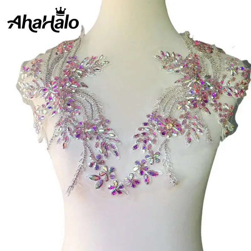 1 Pair Handmade Beaded Rhinestone Appliques Sew on Crystal Flower Lace Patch Multi-Color Pairs for DIY Clothing  Wedding Dress