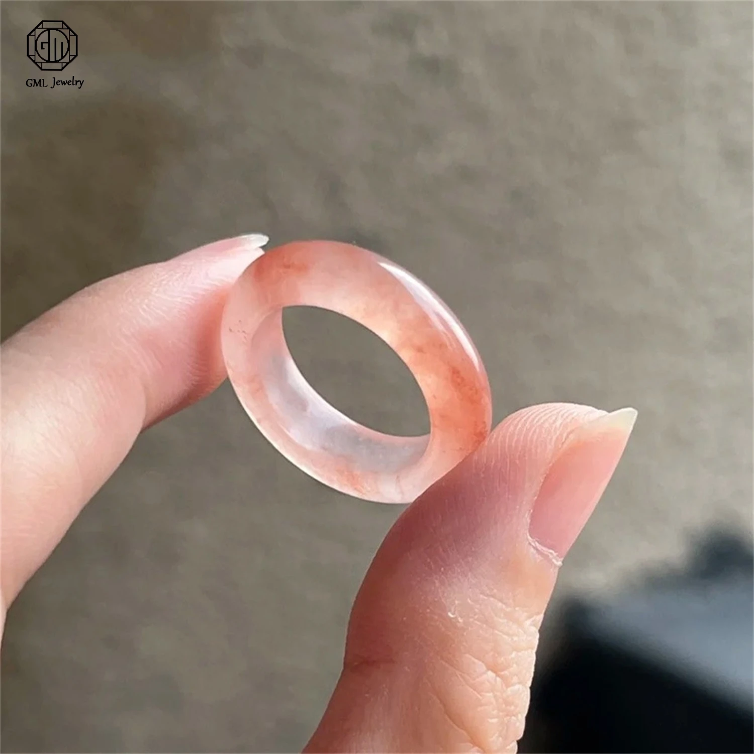 Pink Peach Blossom Jade Band Ring Natural Tianshan Snow Emerald Adjustable Light Luxury Chinese Style Gemstone Stackable Couple