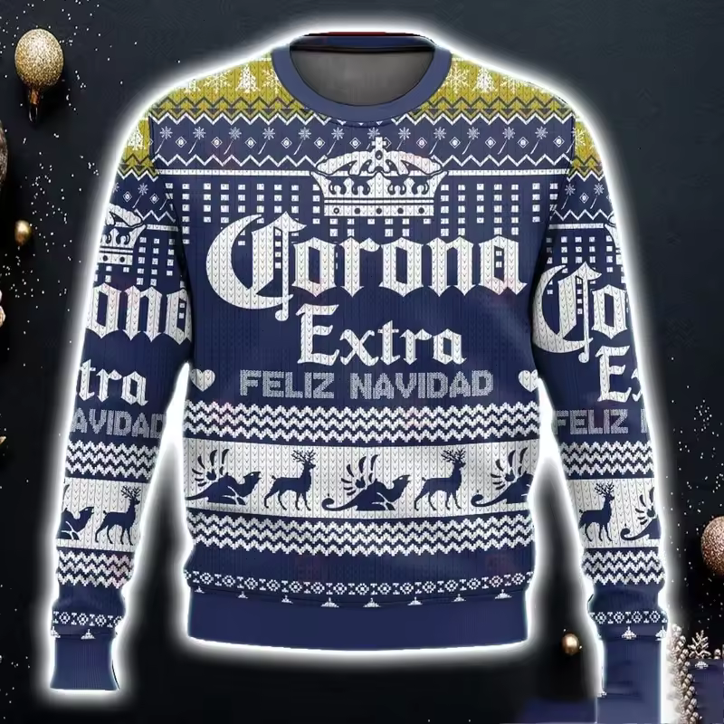 2025 New CORONA EXTRA Christmas Gift Ugly Sweater Hot Selling Merry Christmas Fashion 3D Printed Oversized O-neck Pullover shirt - Image 3