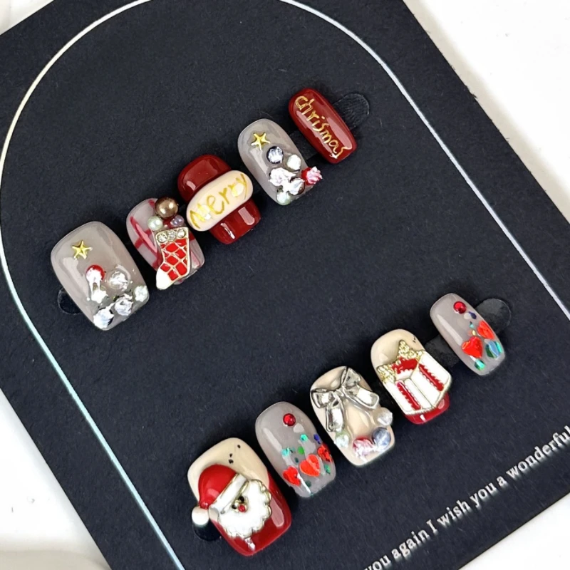 10pcs Christmas False Nail Long Ballet Nail Extension Full Nail Cover Manicure Gingerbread Man Wearable Press On Fake Nail Decor